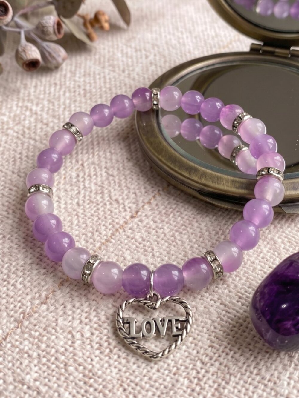 3/$20 New Handmade Purple Glass Beaded Stretch Bracelet Silver Love Heart Charm
